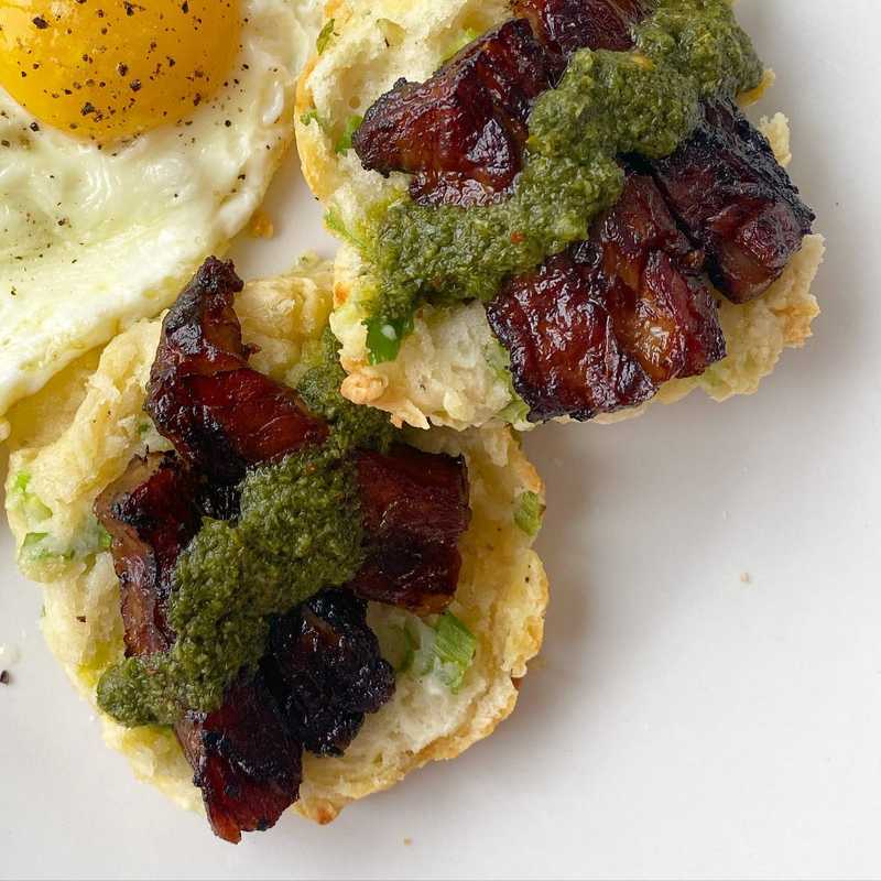 Flaky scallion biscuits, soy glazed pork belly, and parsley/mint salsa verde. You know, one of those light meals in preparation for Thanksgiving.