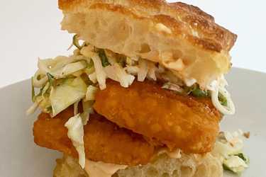 Fried tofu focaccia sandwich