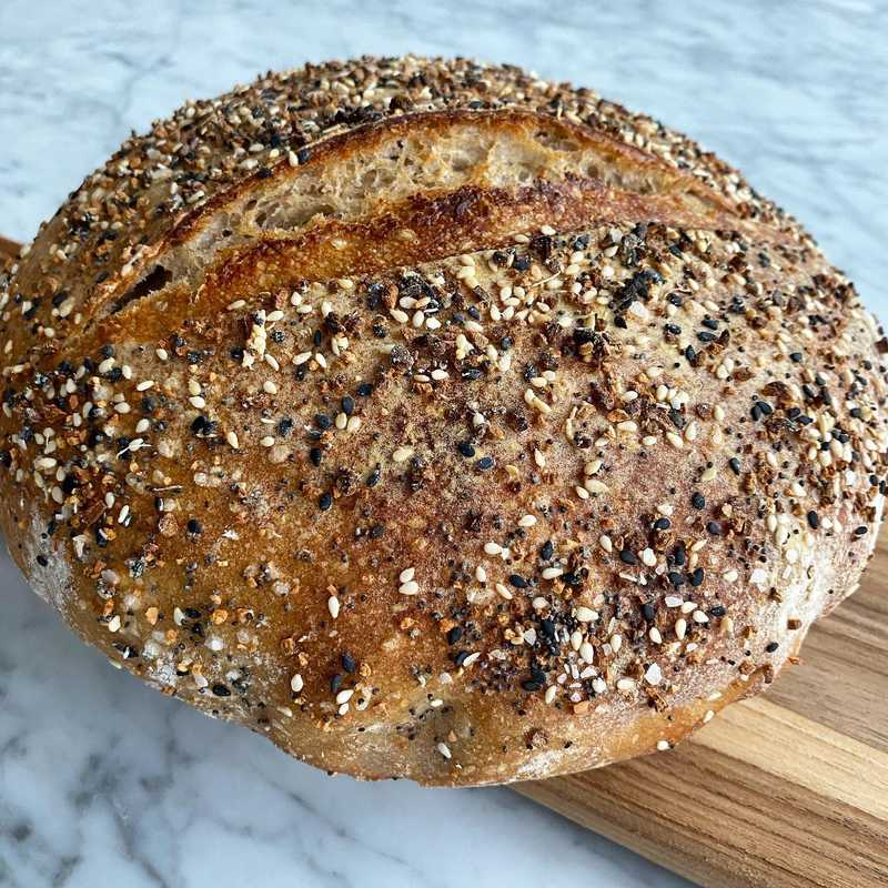 40% rye sourdough loaf coated in @traderjoes everything but the bagel seasoning. Three day fridge ferment.