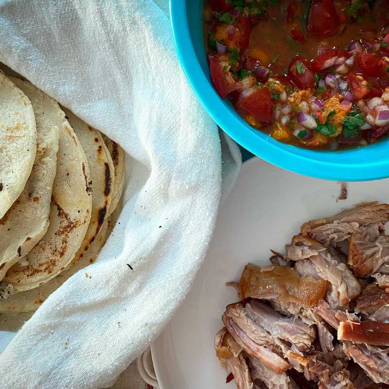 🌮🌶🍑 slow roasted pork belly tacos with fresh corn tortillas and a homemade apricot, tomato, and Thai chili salsa