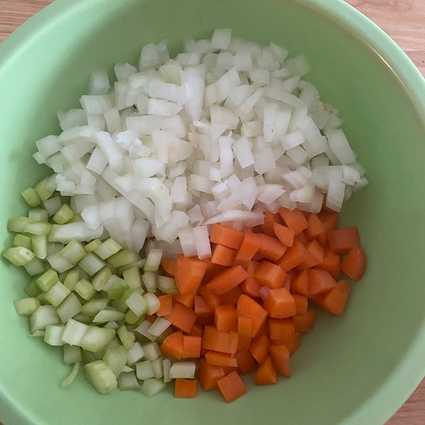 Dice your vegetables - you don't have to be exact with any of these measurements. I like to have about the same amount of onion as carrot/celery combined. Potatoes keep well submerged in cold water if you're not going to make the soup right away. Prepare the rice (**see Notes below 👇🏻**), I cooked mine in an Instant Pot on high pressure for 22 minutes with a 10 minute natural release.