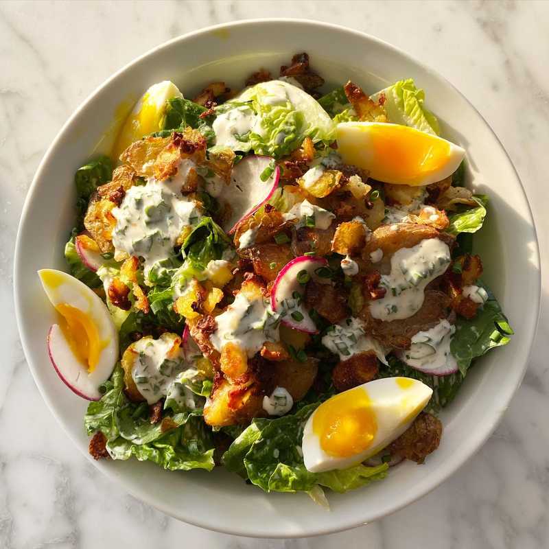 dinner salad inspired by both @hunkydorybk and @billclarkmakes - little gems, homemade ranch, crispy smashed potatoes, radishes and egg. 💚