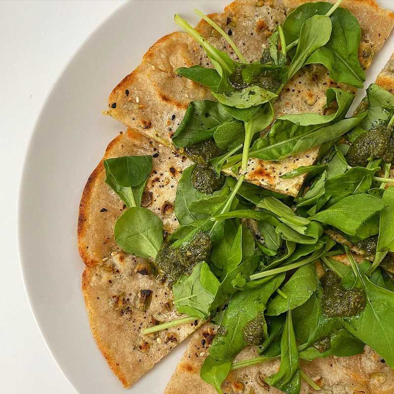 Sourdough discard scallion pancake a la @pastryschiff with more parsley/mint salsa verde and arugula. Does this count as a breakfast salad?