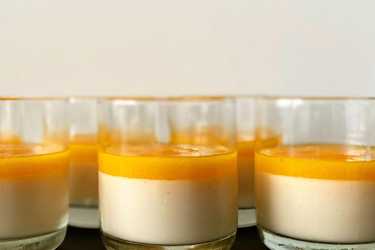 Vegan coconut, mango, and passion fruit panna cotta