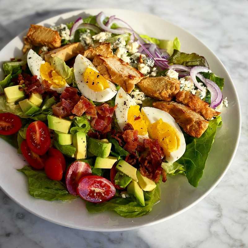 Shockingly had all of the ingredients to make a Cobb salad, so I made a Cobb salad. This reminds me so much of airport restaurants — why does every airport…